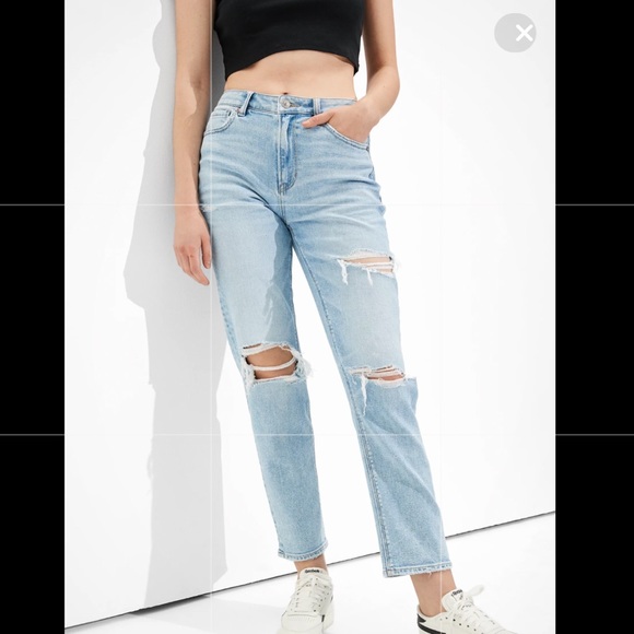 ae stretch ripped mom jeans powder blue